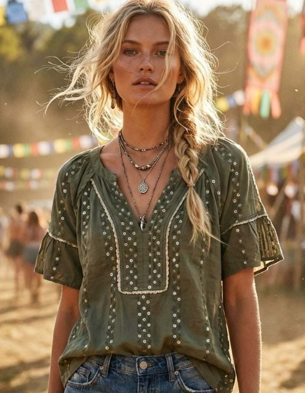 Democracy Embroidered V-Neck Puff Sleeve Peasant Blouse in Sage Green